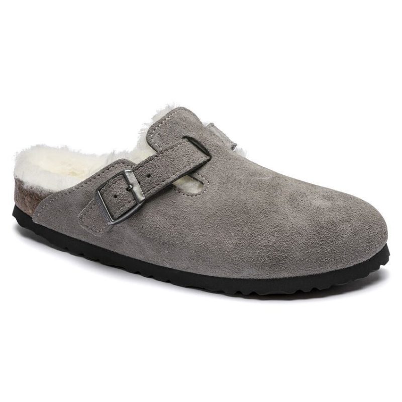 Birkenstock Boston Shearling Suede Leather Clog in Stone Coin  Women's Footwear