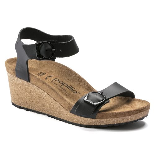 Birkenstock Soley Ring-Buckle Leather Wedge Sandal in Black  Women's Footwear